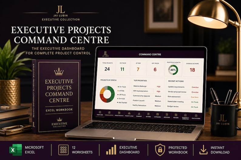 May include: A laptop displaying an Executive Projects Command Centre dashboard with project metrics, status charts, and priority lists. Beside it sits a matching purple book titled Executive Projects Command Centre Excel Workbook with gold text.