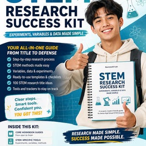 Könnte beinhalten: Ein spiralgebundenes STEM Research Success Kit Arbeitsbuch mit weißem Einband, blauem Text, einem Wissenschaftssymbol und dem BusinessKit Lab Logo. Der Einband enthält den Titel, einen Untertitel zu Experimenten und eine Beschreibung für Schüler.