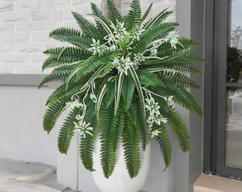 Artificial Fern Spider Plant Hanging Decor, UV Resistant Faux Outdoor Greenery, Porch Patio Garden