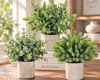 May include: Three artificial potted plants in cylindrical gray stone-textured containers. One plant features broad green leaves, another has small round eucalyptus-style leaves, and the third has dense, needle-like foliage, all arranged on a table.