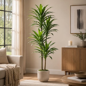 May include: A tall, artificial Dracaena plant featuring multiple slender, textured brown trunks topped with clusters of long, pointed, vibrant green leaves. The plant is potted in a simple, cylindrical, light beige stone-textured planter.