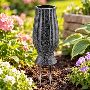 May include: A black, speckled, fluted vase-shaped grave marker with a wide, flared base and a hollow top opening. The object is supported by two thin, silver-colored metal prongs extending from the bottom, designed for insertion into the ground.