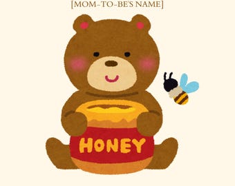Bewerkbare Canva-sjabloon voor een babyshoweruitnodiging met honingbeer-thema.
