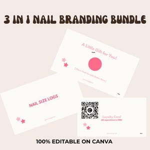 Op de afbeelding: Een 3-in-1 nagel branding bundel met drie witte rechthoekige kaarten met roze tekst en sterren. E&eacute;n kaart toont A Little Gift for You met een 2,54 cm krasstickergebied, &eacute;&eacute;n NAIL SIZE LOGS en een klantenkaart met een QR-code.