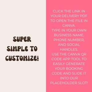 Op de afbeelding: Een tweekleurige afbeelding met een lichtbeige linkerkant met de donkerbruine tekst SUPER SIMPLE TO CUSTOMIZE! en een felroze rechterkant met witte tekst die uitlegt hoe je bedrijfsgegevens en QR-codes in een Canva-sjabloon kunt bewerken.
