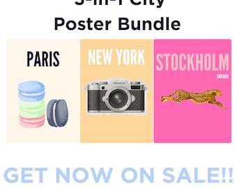 Prints van Parijs, Stockholm en New York City, minimalistische reisbundel (digitale download)