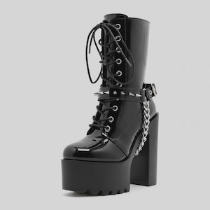 Black Patent Platform Boots – Spiked Chain Lace-Up Combat Boots – Detachable Chain – Goth Punk Rave Festival Footwear for Women