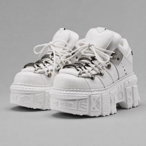 White Chunky Platform Sneakers – Gothic Low-Top Wedge Trainers – Alternative Cyber Goth Footwear – Women’s Heavy Duty Punk Rave Shoes