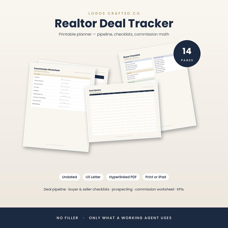 Realtor Deal Tracker — Printable PDF Planner | Pipeline, Checklists, Commission Worksheet image 1