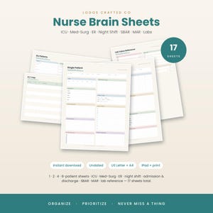 May include: A collection of 17 nurse brain sheets featuring various medical templates for ICU, Med-Surg, and ER. The documents include sections for patient data, lab values, and SBAR reports, presented in a clean layout with soft pastel colour accents.