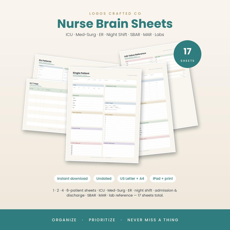 May include: A collection of 17 nurse brain sheets featuring various medical templates for ICU, Med-Surg, and ER. The documents include sections for patient data, lab values, and SBAR reports, presented in a clean layout with soft pastel colour accents.