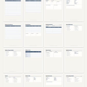 May include: A digital PCS Binder planner set featuring 22 pages for moving organisation. The layout includes checklists, trackers, and logs for household goods, expenses, travel, and medical records, with text headers like 'What's Inside' and 'PCS Binder'.