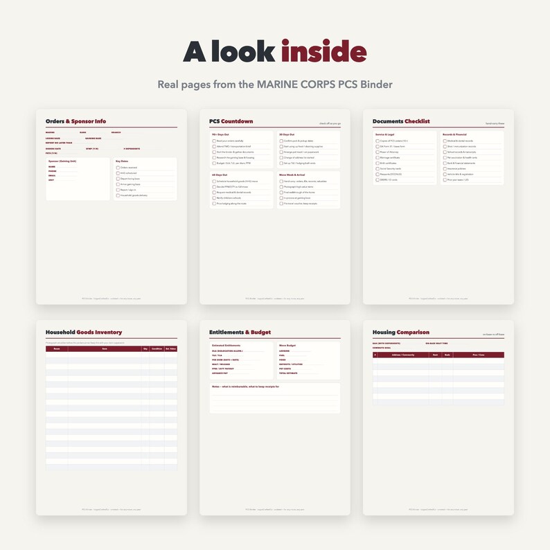 Marine Corps PCS Binder Printable | Military Move Planner & Checklist | Moving Binder, HHG Inventory, Entitlements | 22 Pages | US Letter A4 image 4