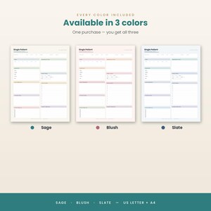 May include: Three digital Single Patient medical record forms in sage, blush, and slate colour schemes. Each form features sections for patient details, medical history, and notes. Text includes 'Available in 3 colours' and 'US Letter + A4'.
