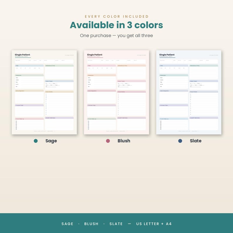 May include: Three digital Single Patient medical record forms in sage, blush, and slate colour schemes. Each form features sections for patient details, medical history, and notes. Text includes 'Available in 3 colours' and 'US Letter + A4'.