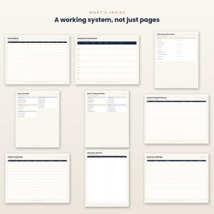 May include: A collection of digital planner pages featuring the text WHAT'S INSIDE A working system, not just pages. The set includes templates for a Deal Pipeline, Monthly KPI Dashboard, Commission Worksheet, Buyer and Seller Checklists, Lead and Prospecting Log, Daily Prospecting, Marketing Calendar, and Expense and Mileage tracker.