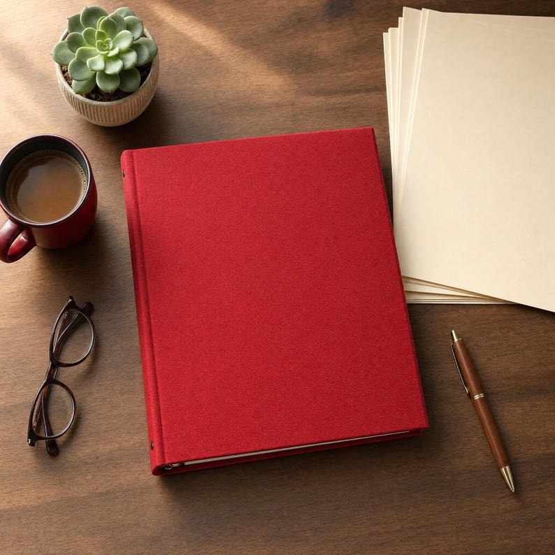 May include: A solid red three-ring binder with a textured cover. The binder is positioned alongside a stack of cream-coloured paper, a brown ballpoint pen, a pair of dark-rimmed spectacles, a red mug filled with coffee, and a small green succulent.