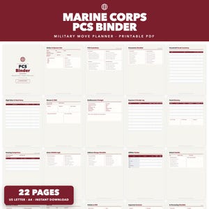 May include: A Marine Corps PCS Binder military move planner printable PDF set featuring 22 pages in US Letter and A4 sizes. The pages include checklists, inventory logs, expense trackers, and travel itineraries with maroon and white text.
