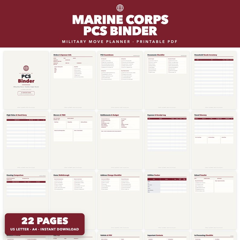 May include: A Marine Corps PCS Binder military move planner printable PDF set featuring 22 pages in US Letter and A4 sizes. The pages include checklists, inventory logs, expense trackers, and travel itineraries with maroon and white text.
