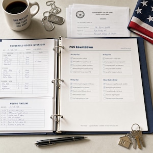 May include: A navy blue three-ring binder containing printed PCS countdown checklists, household goods inventory sheets, and a moving timeline. The binder is accompanied by a white mug, metal dog tags, military orders, a flag, and a black pen.
