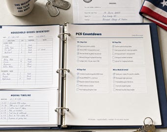 PCS-pärm utskrivbar | Flyttplanerare och checklista för militären | Flyttpärm, HHG-inventering, rättigheter | 22 sidor, 3 färger | US Letter A4
