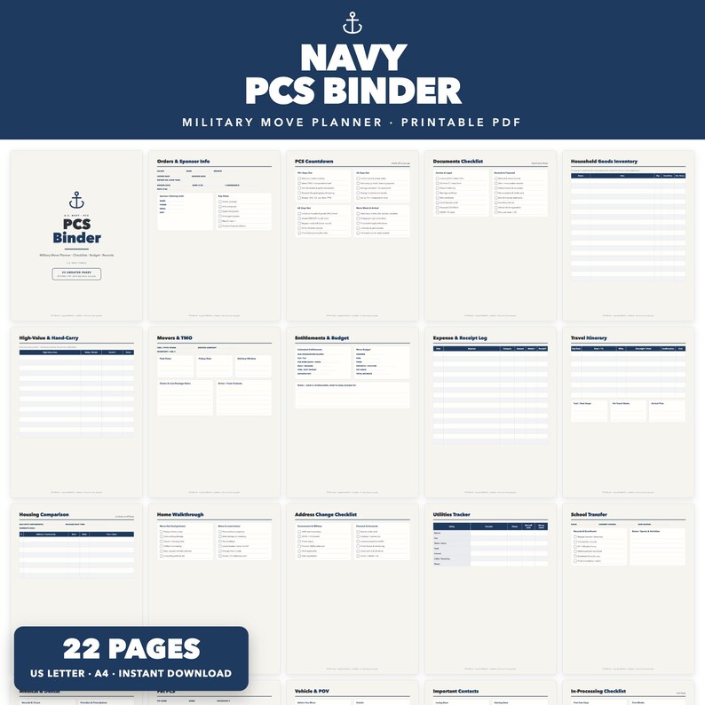Umzugsplaner für die Marine (zum Ausdrucken) | Umzugsplaner & Checkliste für Militärangehörige | Umzugsordner, Haushaltsgegenstände-Inventar, Ansprüche | 22 Seiten | US Letter A4 Bild 1
