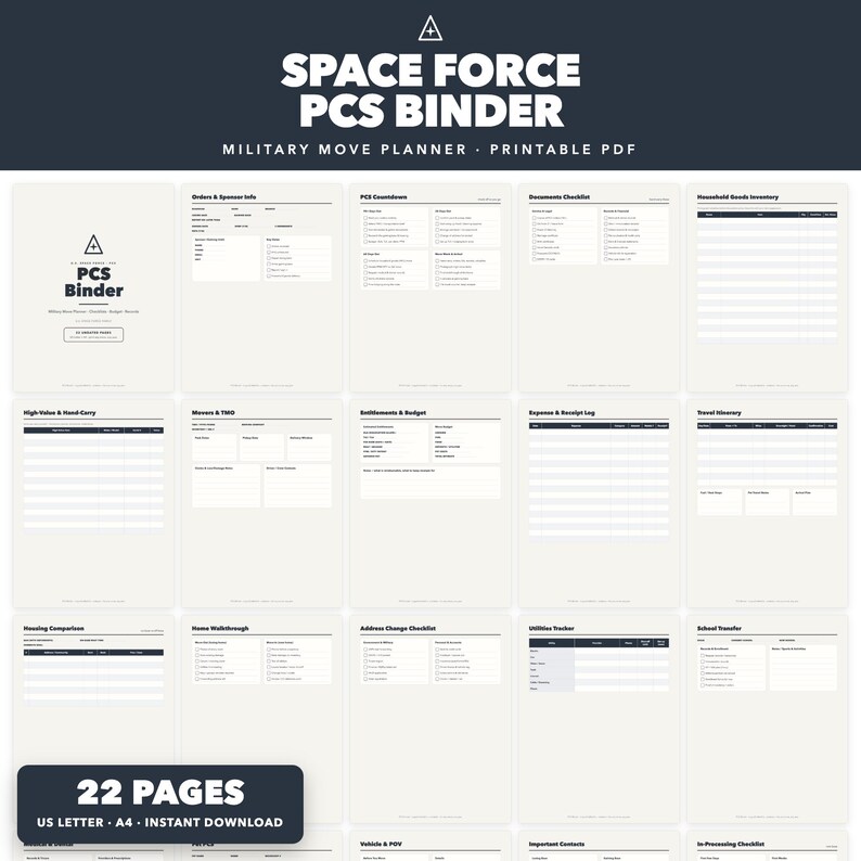 Printbare Space Force PCS-map | Verhuisplanner en checklist voor militairen | Verhuismap, inventaris van huishoudelijke goederen, vergoedingen | 22 pagina's | US Letter A4 afbeelding 1