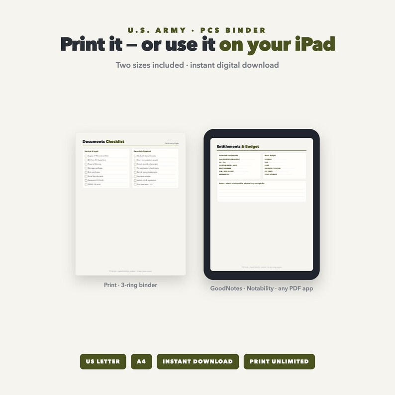 May include: A digital U.S. Army PCS binder template featuring a documents checklist for a 3-ring binder and an Entitlements & Budget page for tablet apps. Text includes U.S. ARMY PCS BINDER, Print it &ndash; or use it on your iPad, and US LETTER.