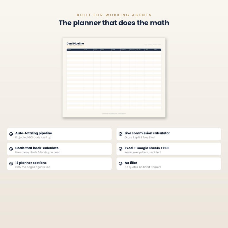 May include: A digital planner for real estate agents titled The planner that does the math, featuring a Deal Pipeline spreadsheet layout. It includes six feature boxes highlighting auto-totaling, commission calculators, and 13 specific sections.