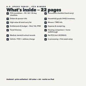 Printbare Space Force PCS-map | Verhuisplanner en checklist voor militairen | Verhuismap, inventaris van huishoudelijke goederen, vergoedingen | 22 pagina's | US Letter A4 afbeelding 3