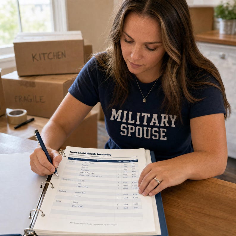 May include: A navy blue t-shirt with the white text MILITARY SPOUSE printed on the chest. The shirt is worn while writing on a Household Goods Inventory form inside a three-ring binder. A dark blue pen is held in one hand while writing on the paper.