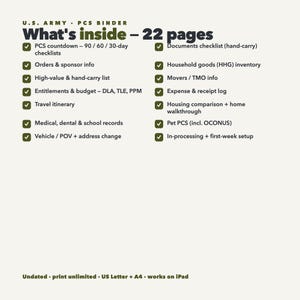May include: A U.S. Army PCS binder information sheet with 22 pages listed, including checklists for PCS countdown, documents, household goods, movers, expenses, travel, medical records, pet PCS, and in-processing. Text is in dark green and black on cream.