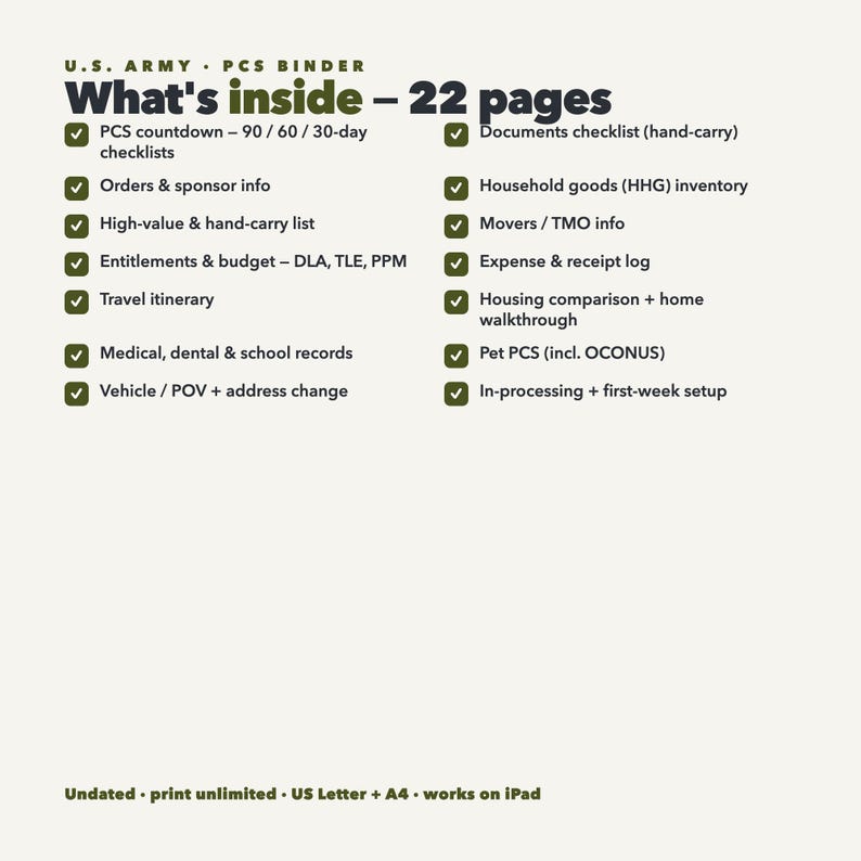 May include: A U.S. Army PCS binder information sheet with 22 pages listed, including checklists for PCS countdown, documents, household goods, movers, expenses, travel, medical records, pet PCS, and in-processing. Text is in dark green and black on cream.