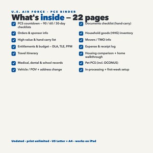 Modèle de classeur imprimable pour déménagement militaire (PCS) | Planificateur et liste de contrôle | Classeur de déménagement, inventaire des effets personnels, droits | 22 pages | Format US Letter A4 image 3