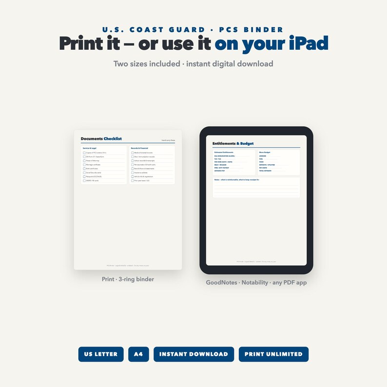 May include: A U.S. Coast Guard PCS binder digital download featuring a documents checklist for a 3-ring binder and an Entitlements & Budget page for iPad apps. Text includes U.S. Coast Guard PCS Binder, Print it &ndash; or use it on your iPad, US Letter, A4.