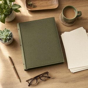 May include: A solid olive green three-ring binder with a textured cover. The binder is positioned centrally alongside a stack of blank white paper, a brown pen, a pair of tortoiseshell glasses, a green mug of coffee, and a small potted succulent.