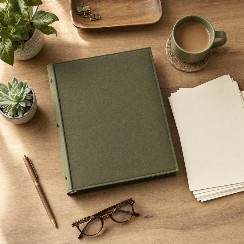May include: A solid olive green three-ring binder with a textured cover. The binder is positioned centrally alongside a stack of blank white paper, a brown pen, a pair of tortoiseshell glasses, a green mug of coffee, and a small potted succulent.