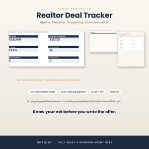 May include: A Realtor Deal Tracker digital dashboard and planner by Logos Crafted Co. The interface displays GCI targets, projected GCI, deal counts, and commission math. Includes a 14-page hyperlinked planner and a spreadsheet for real estate agents.