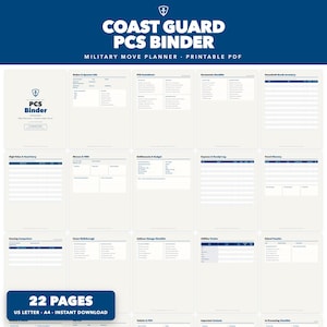 May include: A 22-page Coast Guard PCS Binder printable PDF military move planner. The document set includes templates for orders, checklists, household goods inventory, expense logs, travel itineraries, housing comparisons, and school transfer forms.