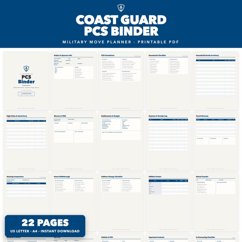 May include: A 22-page Coast Guard PCS Binder printable PDF military move planner. The document set includes templates for orders, checklists, household goods inventory, expense logs, travel itineraries, housing comparisons, and school transfer forms.