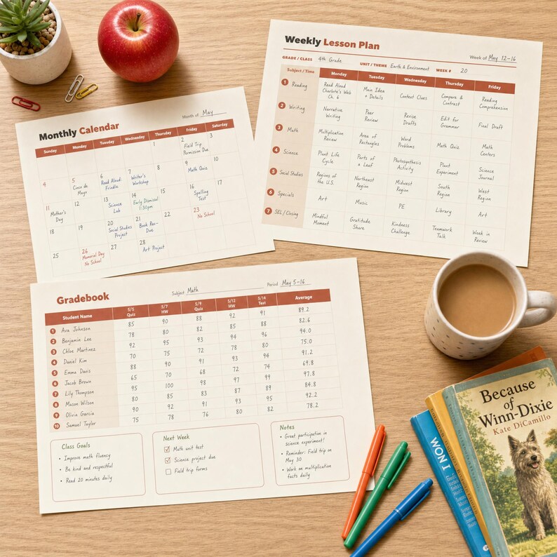 Utskrivbar lärarplanerare | Odaterad lektionsplaneringsbok, betygsbok, närvaro, sittplan | 3 färger | US Letter + A4 PDF bild 1