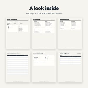 Op de afbeelding: Zes witte pagina's uit een Space Force PCS-map met zwarte tekst en rasterlay-outs. De pagina's bevatten koppen voor Orders & Sponsor Info, PCS Countdown, Documents Checklist, Household Goods Inventory, Entitlements & Budget en Housing Comparison.