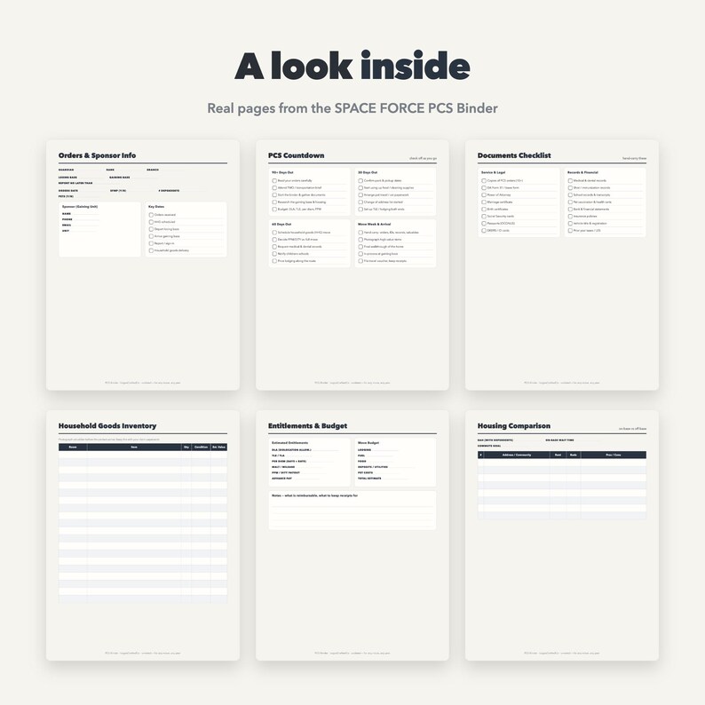 Op de afbeelding: Zes witte pagina's uit een Space Force PCS-map met zwarte tekst en rasterlay-outs. De pagina's bevatten koppen voor Orders & Sponsor Info, PCS Countdown, Documents Checklist, Household Goods Inventory, Entitlements & Budget en Housing Comparison.