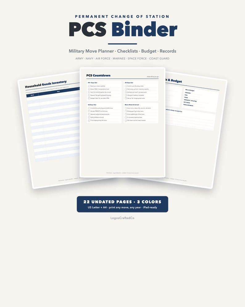 PCS Binder Printable | Military Move Planner & Checklist | Moving Binder, HHG Inventory, Entitlements | 22 Pages, 3 Colors | US Letter A4 image 5
