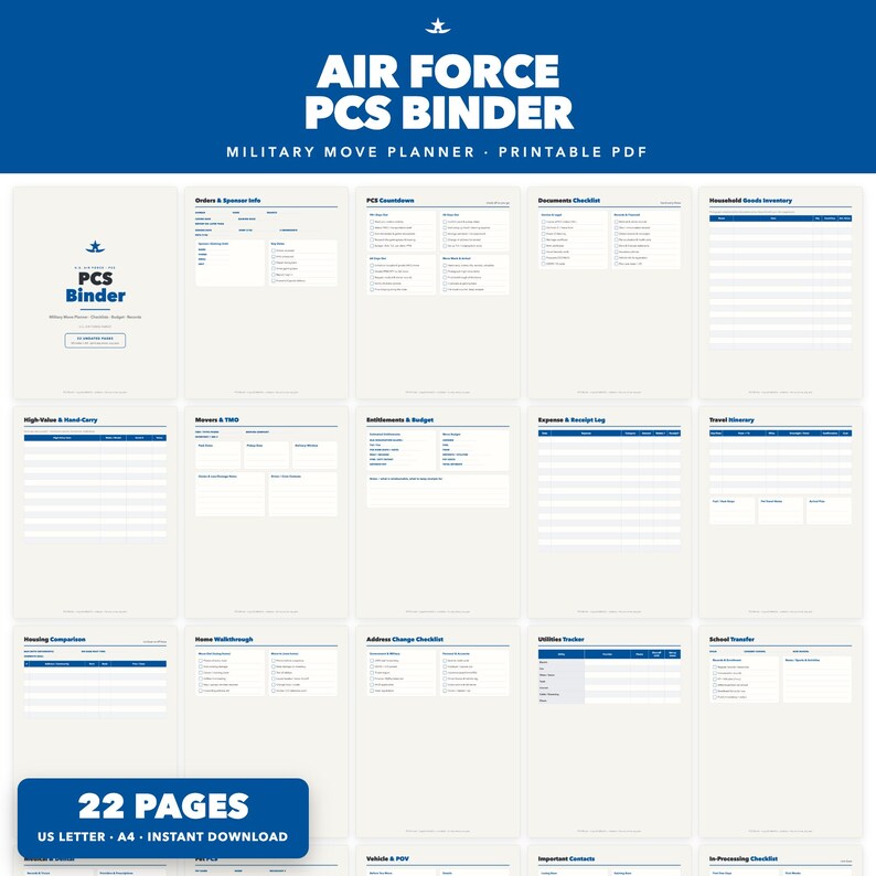 Peut inclure: Un planificateur de d&eacute;m&eacute;nagement militaire Air Force PCS Binder en PDF imprimable num&eacute;rique comprenant 22 pages de mod&egrave;les organisationnels, incluant des listes de contr&ocirc;le, des inventaires, des suivis de d&eacute;penses et des itin&eacute;raires de voyage.