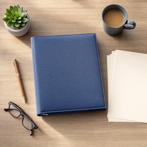 Peut inclure: Un classeur bleu recouvert de tissu avec une fermeture &eacute;clair, un stylo en bois, une paire de lunettes &agrave; monture noire, une pile de papier cr&egrave;me, une petite plante succulente verte dans un pot gris et une tasse bleue remplie de caf&eacute;.