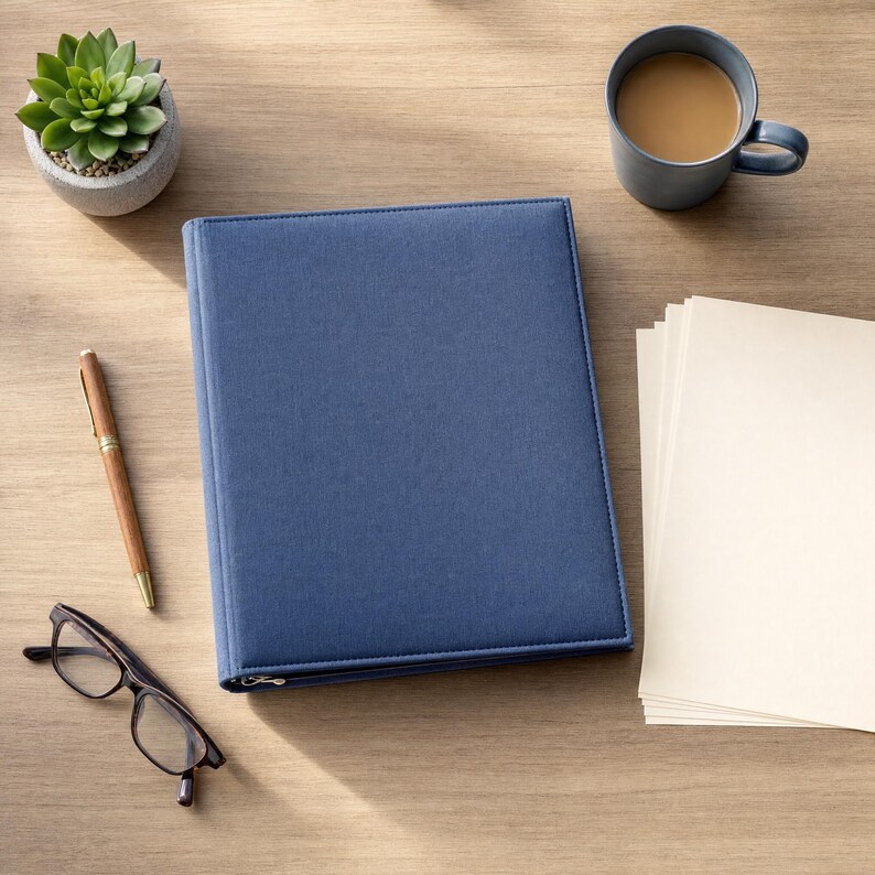 Peut inclure: Un classeur bleu recouvert de tissu avec une fermeture &eacute;clair, un stylo en bois, une paire de lunettes &agrave; monture noire, une pile de papier cr&egrave;me, une petite plante succulente verte dans un pot gris et une tasse bleue remplie de caf&eacute;.