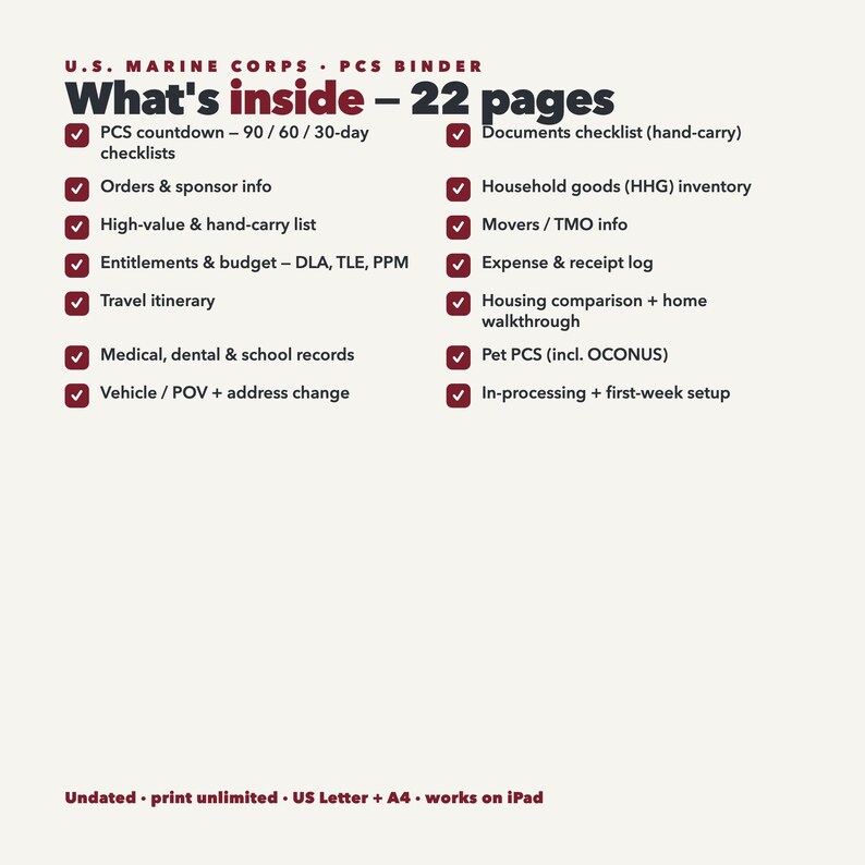 May include: A U.S. Marine Corps PCS binder information sheet with 22 pages. It lists checklists for PCS countdowns, orders, sponsor info, high-value items, entitlements, travel, medical, vehicle, documents, inventory, movers, expenses, housing, pets, and setup.