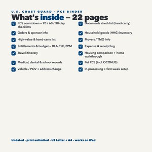 May include: A U.S. Coast Guard PCS binder information sheet with 22 pages. The text lists checklists for PCS countdowns, orders, sponsor info, high-value items, entitlements, travel, medical, vehicle, documents, household goods, movers, expenses, housing, pets, and setup.