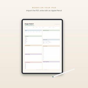May include: A digital tablet displaying a Single Patient Nurse Report Sheet PDF template with pastel-coloured sections for assessment, intake, output, and medications. Above the tablet, the text reads: WORKS ON YOUR IPAD. Import the PDF, write with an Apple Pencil.